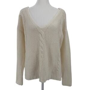 H&M Cream Cable Knit Sweater Womens Medium V Neck Cozy Winter Pullover